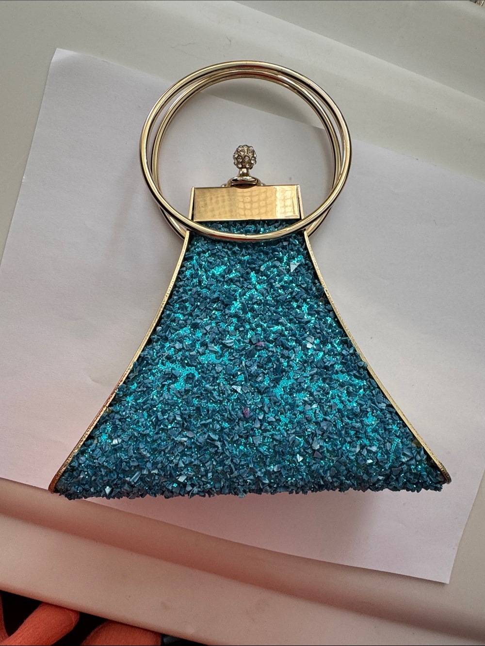 Gold-Trim Teal Glitter Bracelet Clutch Handbag